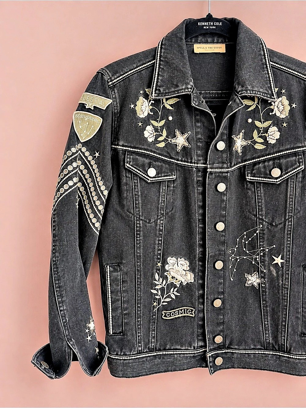 Spell & The Gypsy Collective Celestial Denim Jacket Floral Embroidered Black